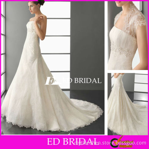 A Line Strapless Stright Across Chapel Train Pearl Applique Lace Cape Wedding Dress